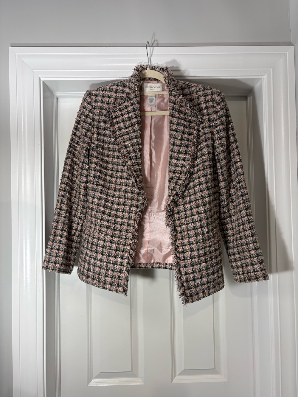 Liz Claiborne Pink and Black Tweed Fringe-Trim Blazer
